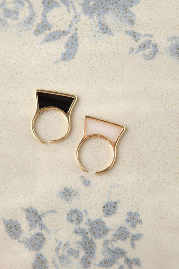 Geometric modern ring, Womens Gold ring, Thin glass ring, Black flat ring, White minimalist ring, Stacking Adjustable ring