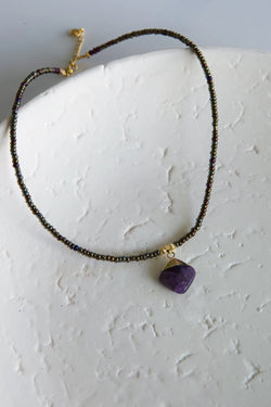 Purple Necklace with Jade Pendant, Minimalist dainty necklace, Tiny beads necklace, Purple Jade necklace