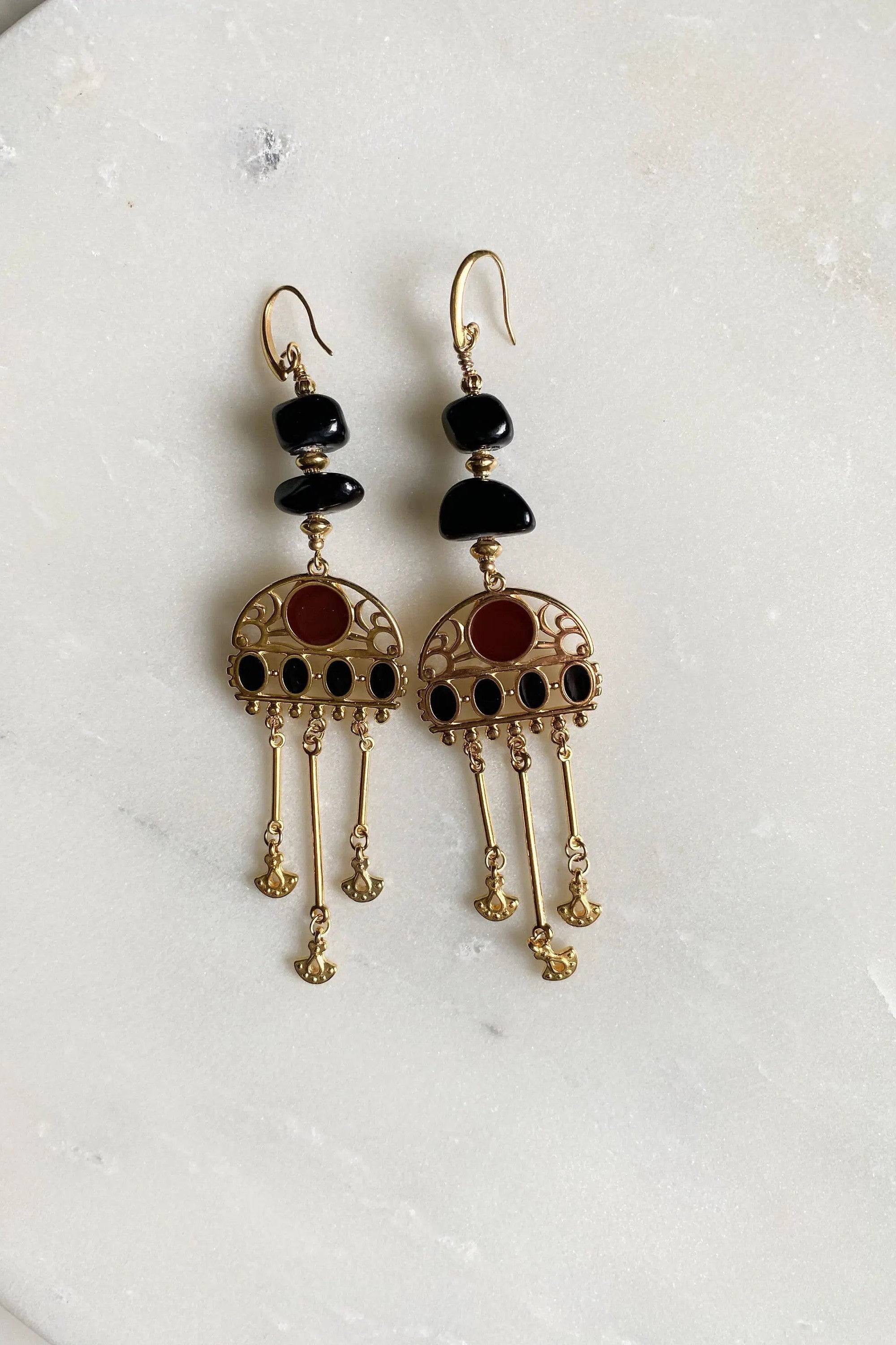 Long gold earrings, Oversize chandelier earrings, Black Jade Earrings, Boho Statement Earrings, Ethnic bohemian earrings, Large Earrings