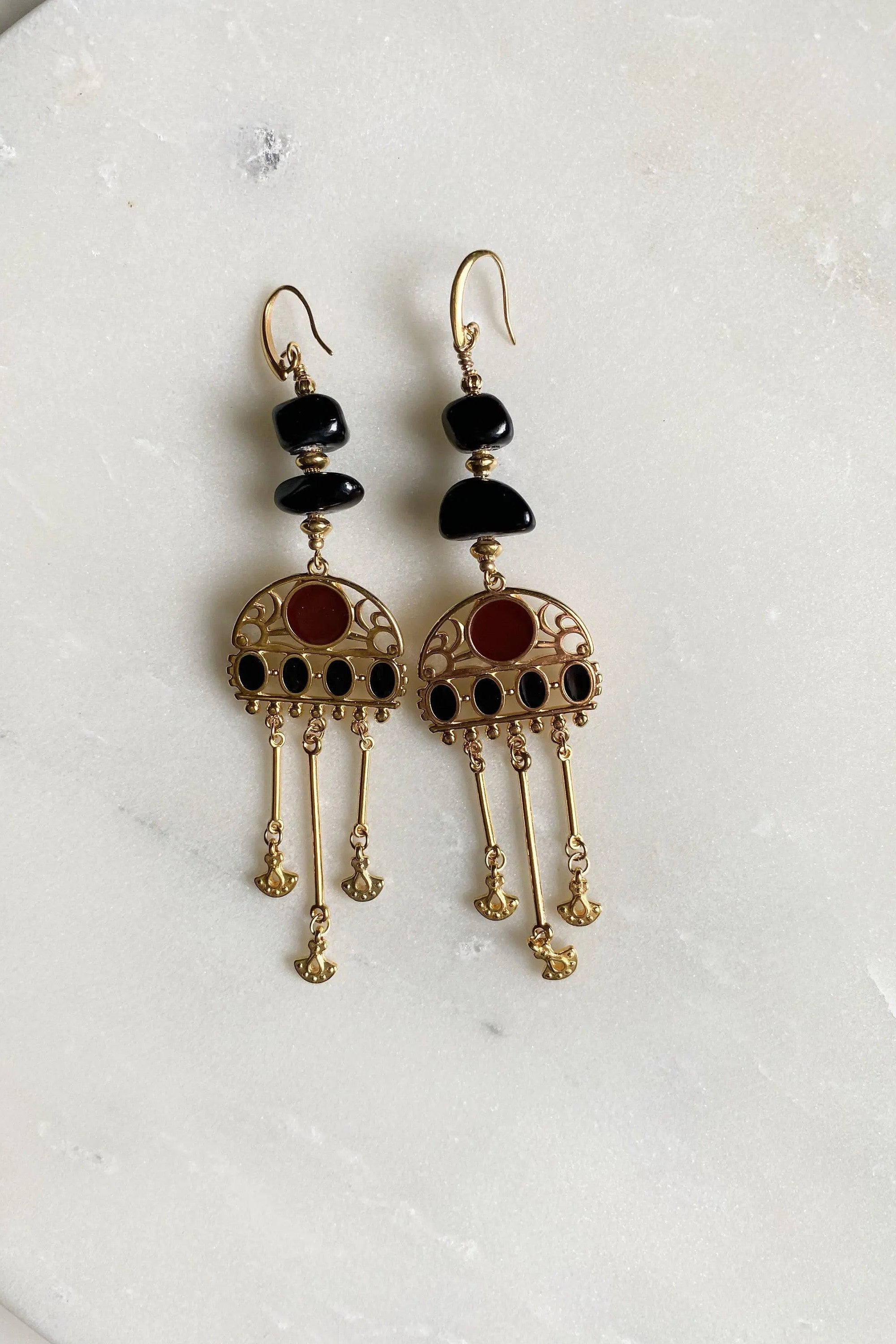 Tribal Boho Earrings, Bijoux Ethniques en or, Black Jade Earrings, Jade gemstone Jewelry, Bijoux Artisanaux grecs, Gold Statement Earrings
