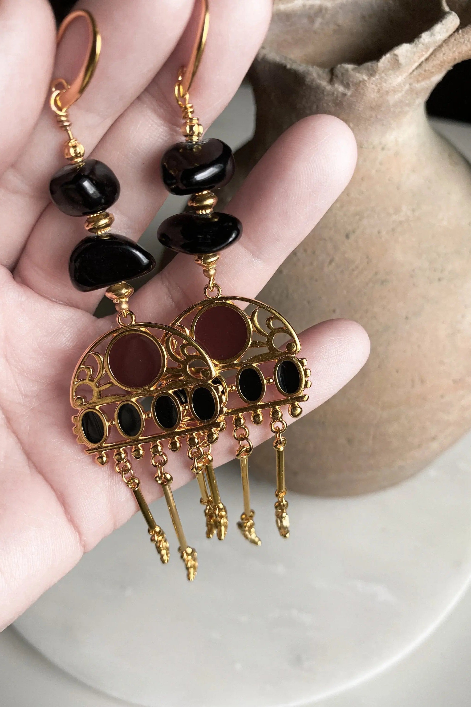 Long gold earrings, Oversize chandelier earrings, Black Jade Earrings, Boho Statement Earrings, Ethnic bohemian earrings, Large Earrings