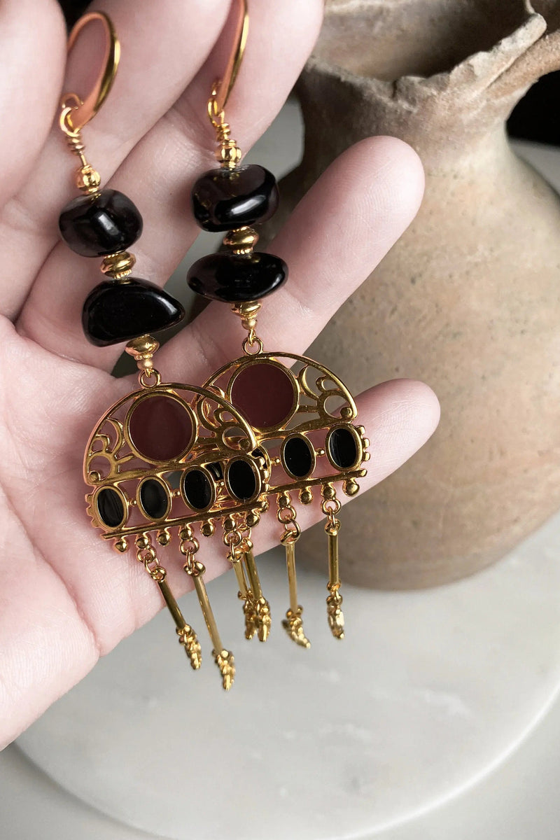 Tribal Boho Earrings, Bijoux Ethniques en or, Black Jade Earrings, Jade gemstone Jewelry, Bijoux Artisanaux grecs, Gold Statement Earrings