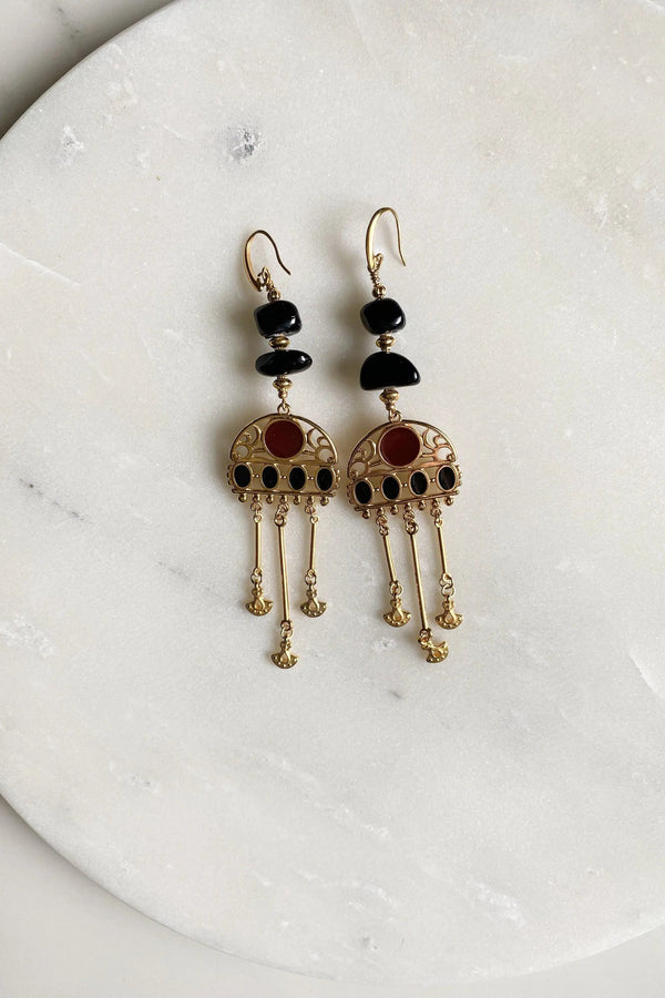 Tribal Boho Earrings, Bijoux Ethniques en or, Black Jade Earrings, Jade gemstone Jewelry, Bijoux Artisanaux grecs, Gold Statement Earrings