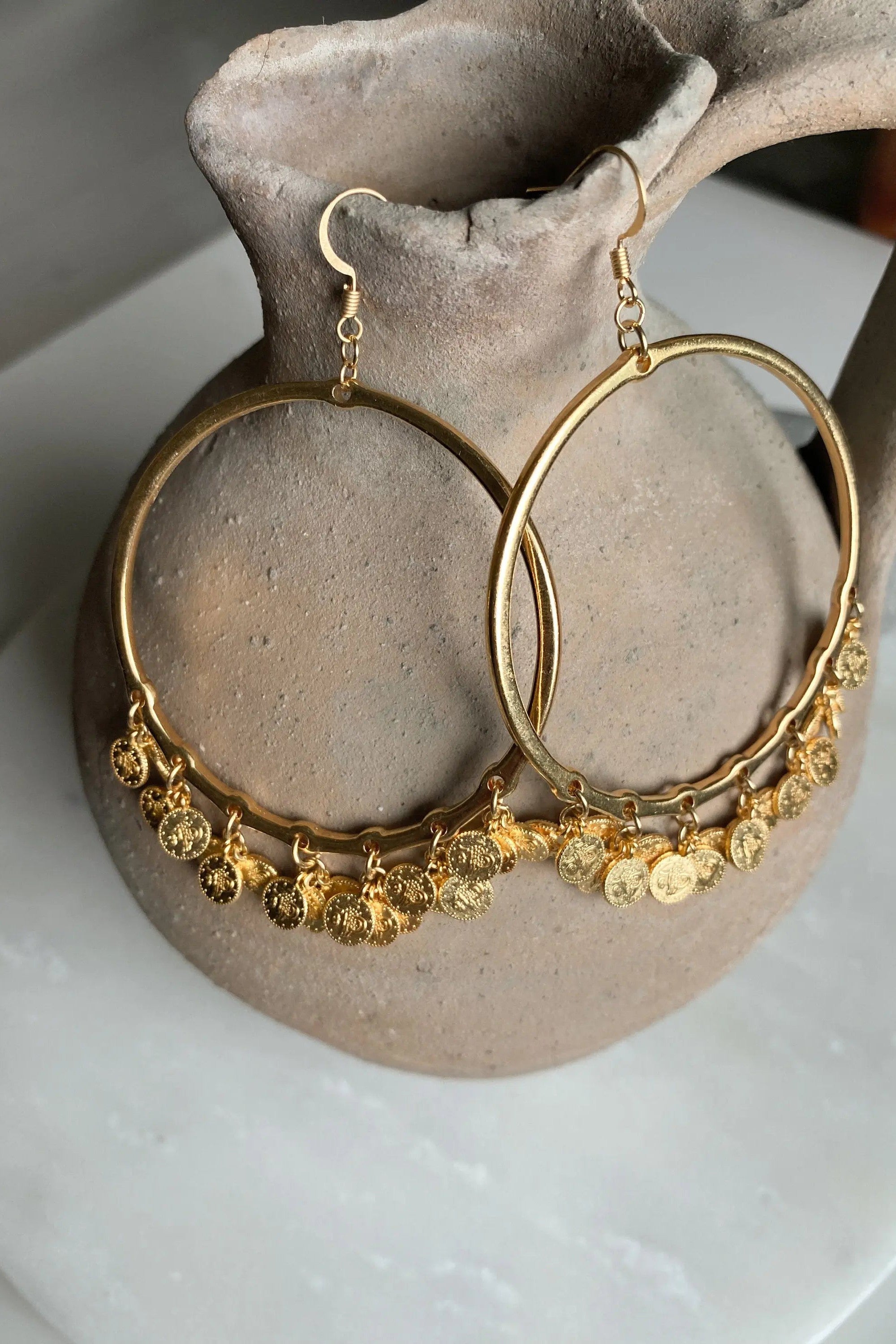 Boho Gypsy earrings, Unique Gold hoop earrings, Statement Dangle Earrings, Oversize hoops earrings, Gold Coin Earrings