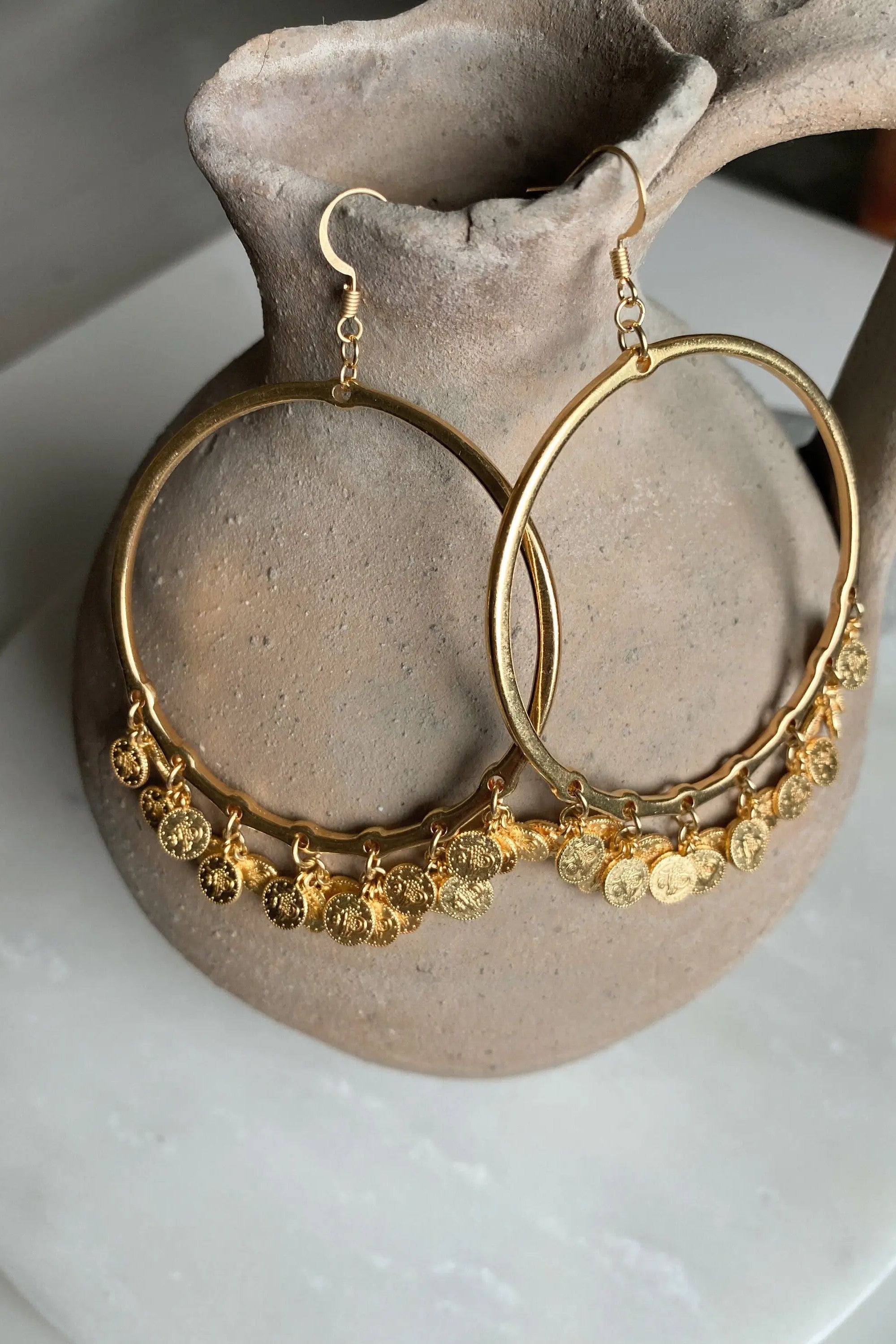 Oversize hoops earrings with Gold Coins, Statement Gold hoop earrings, Bohemian Gypsy earrings, Boho Dangle Earrings