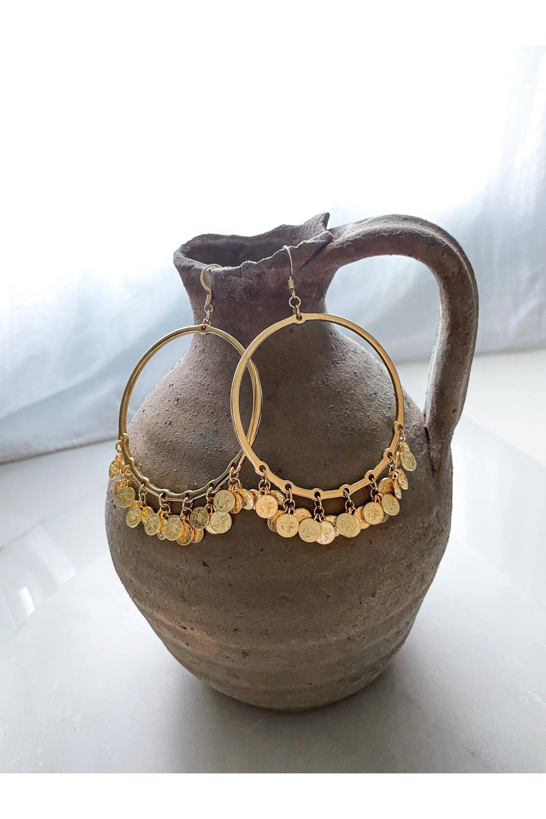 Boho Gypsy earrings, Unique Gold hoop earrings, Statement Dangle Earrings, Oversize hoops earrings, Gold Coin Earrings