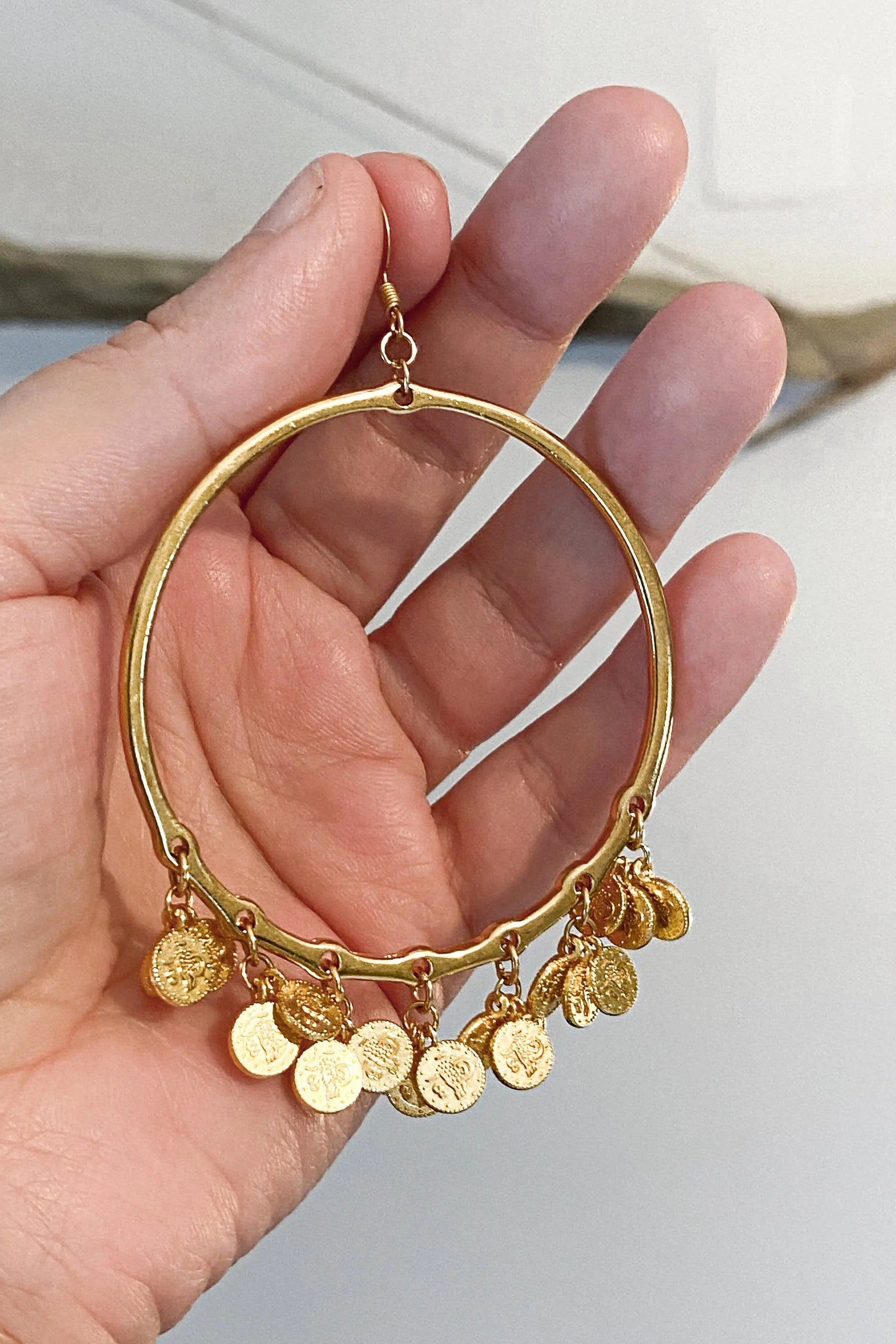 Oversize hoops earrings with Gold Coins, Statement Gold hoop earrings, Bohemian Gypsy earrings, Boho Dangle Earrings