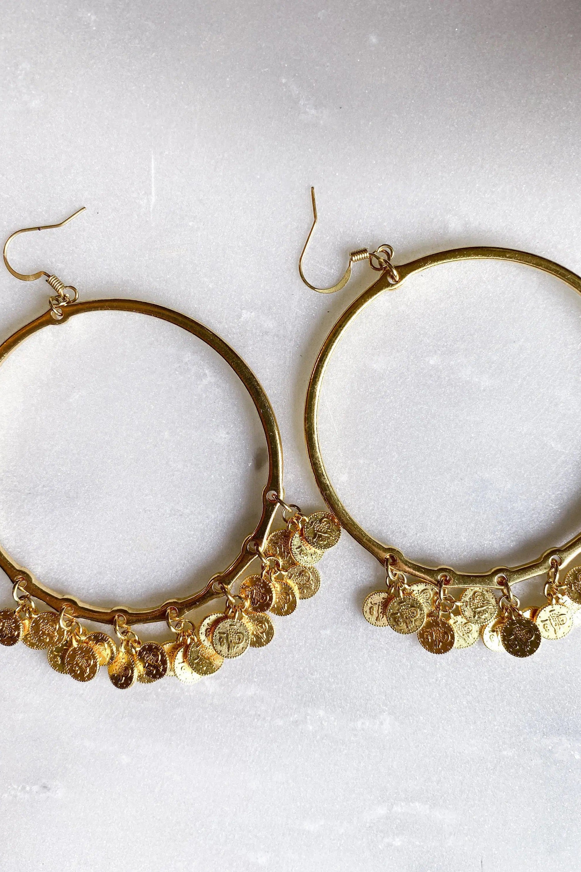 Boho Gypsy earrings, Unique Gold hoop earrings, Statement Dangle Earrings, Oversize hoops earrings, Gold Coin Earrings