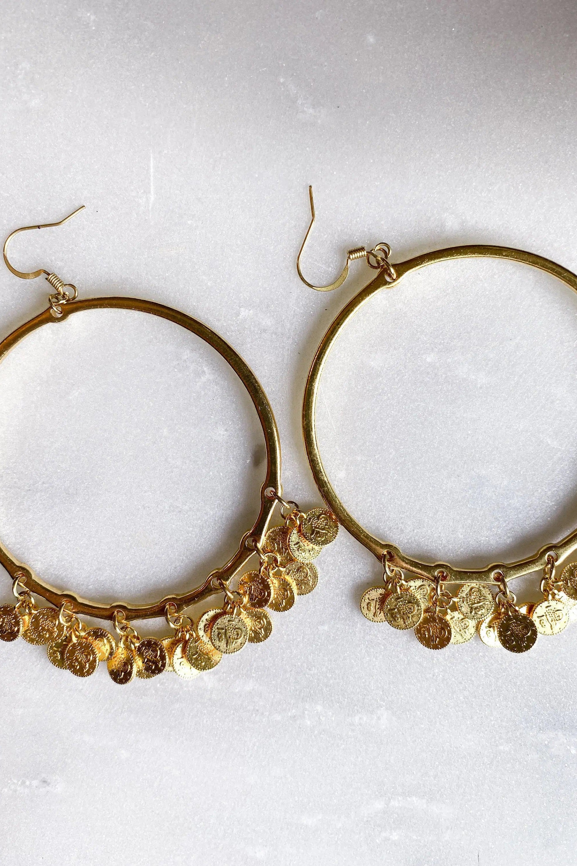Oversize hoops earrings with Gold Coins, Statement Gold hoop earrings, Bohemian Gypsy earrings, Boho Dangle Earrings