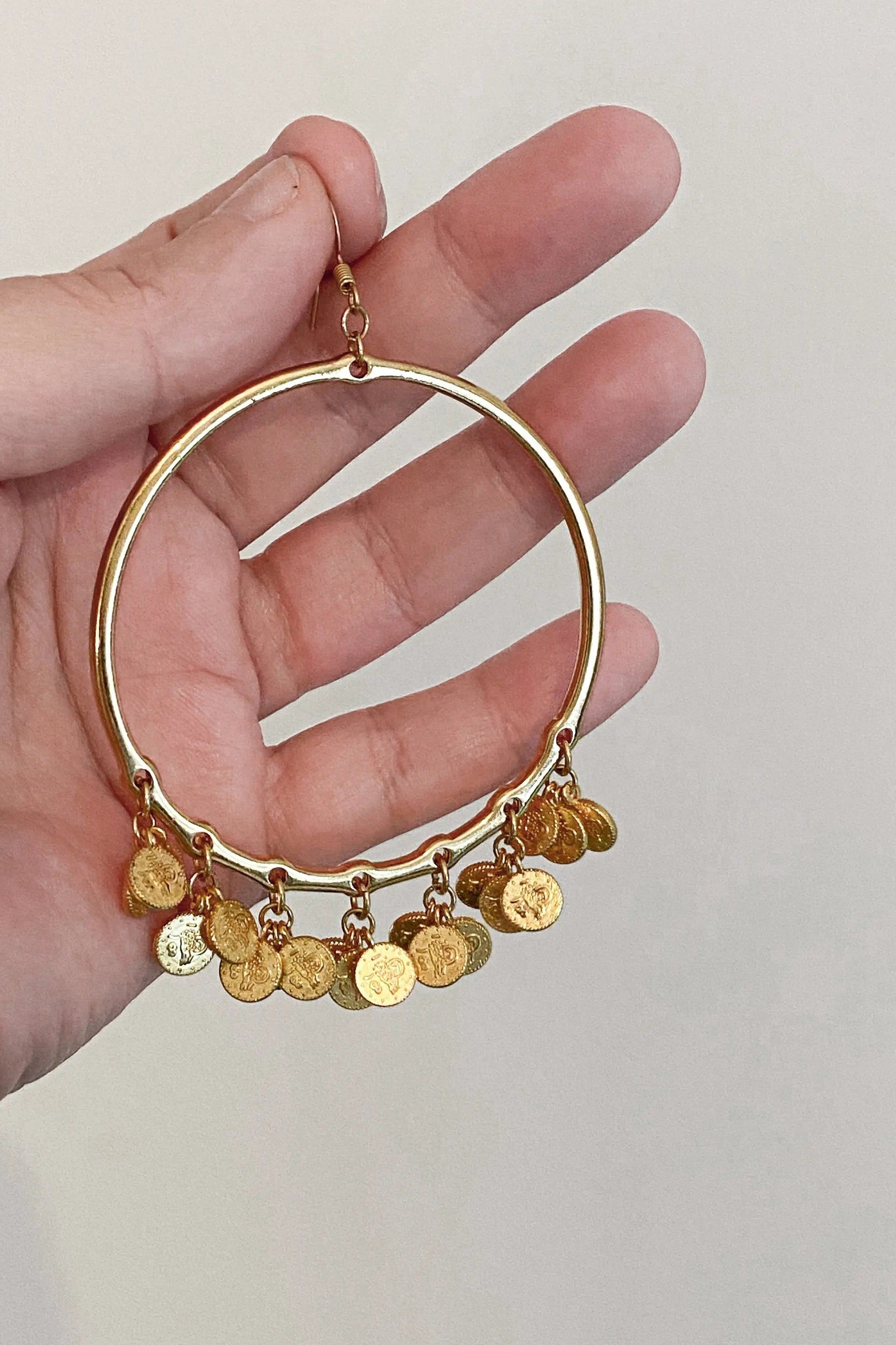 Boho Gypsy earrings, Unique Gold hoop earrings, Statement Dangle Earrings, Oversize hoops earrings, Gold Coin Earrings