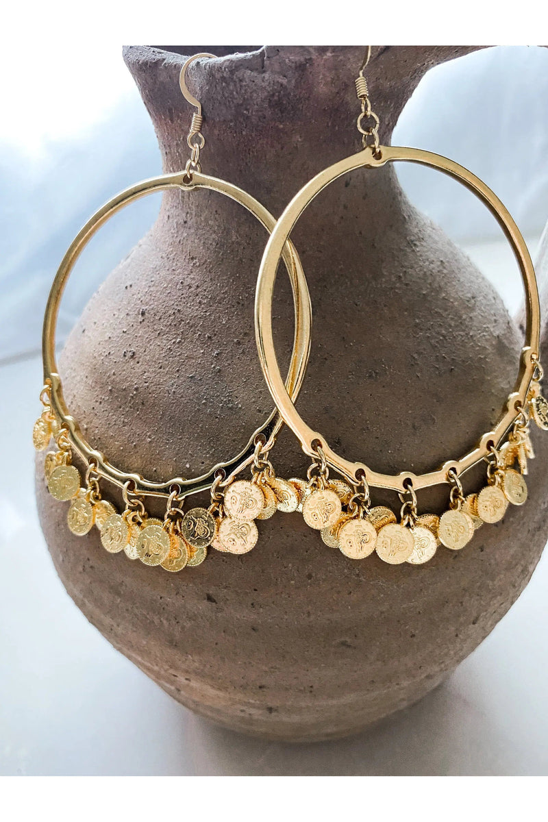 Oversize hoops earrings with Gold Coins, Statement Gold hoop earrings, Bohemian Gypsy earrings, Boho Dangle Earrings