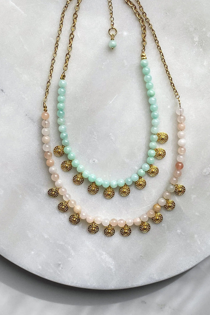 Gold coin Necklace, Light green Jade necklace,  Collier femme artisanal, Boho Tribal Necklace, Agate gemstone necklace, Bijoux ethniques