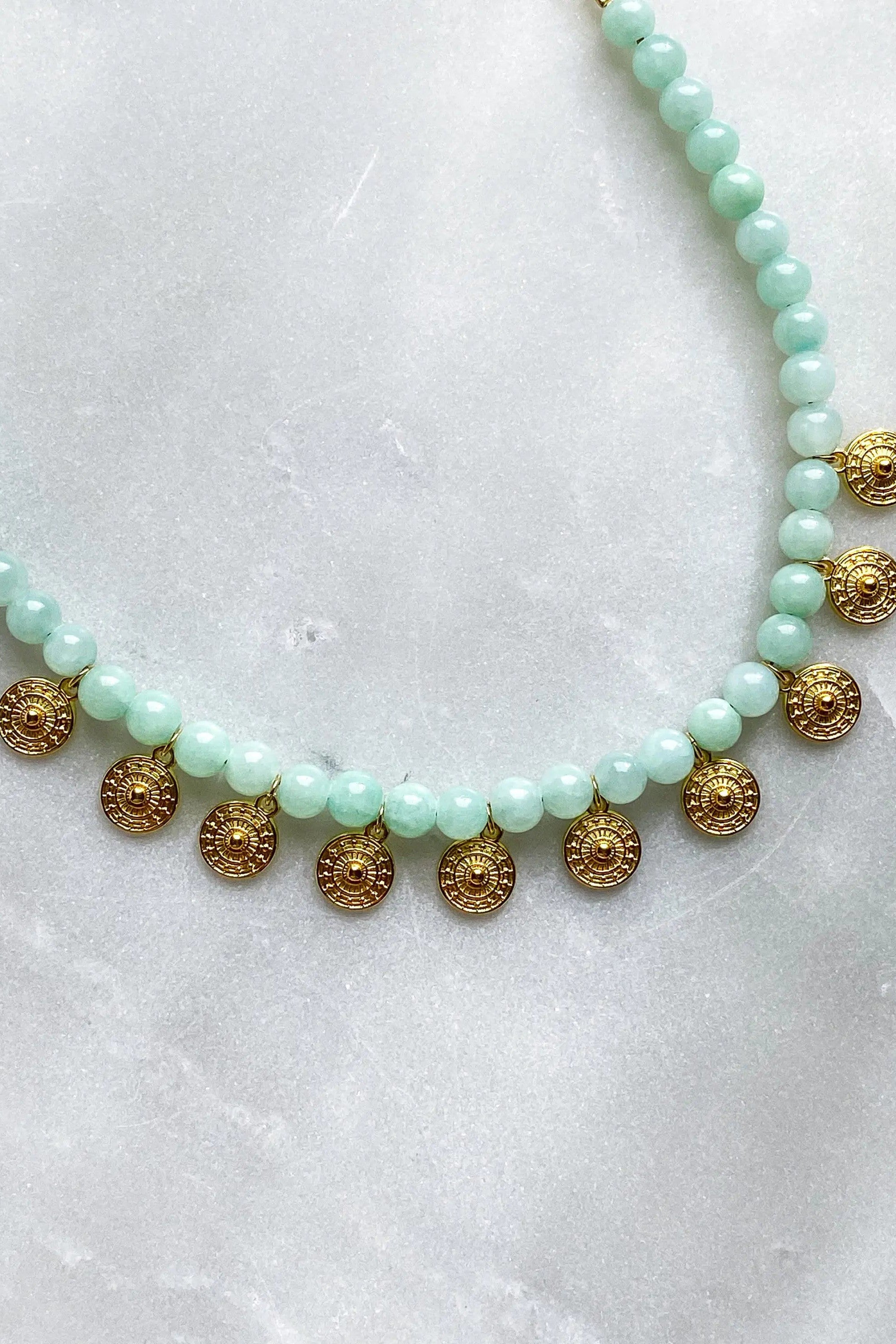 ERSA Gold coin Necklace, Blue Jade necklace, Boho chic Necklace, Collier pierres, Statement Heishi Necklace, Surfer necklace, Birthday Gift