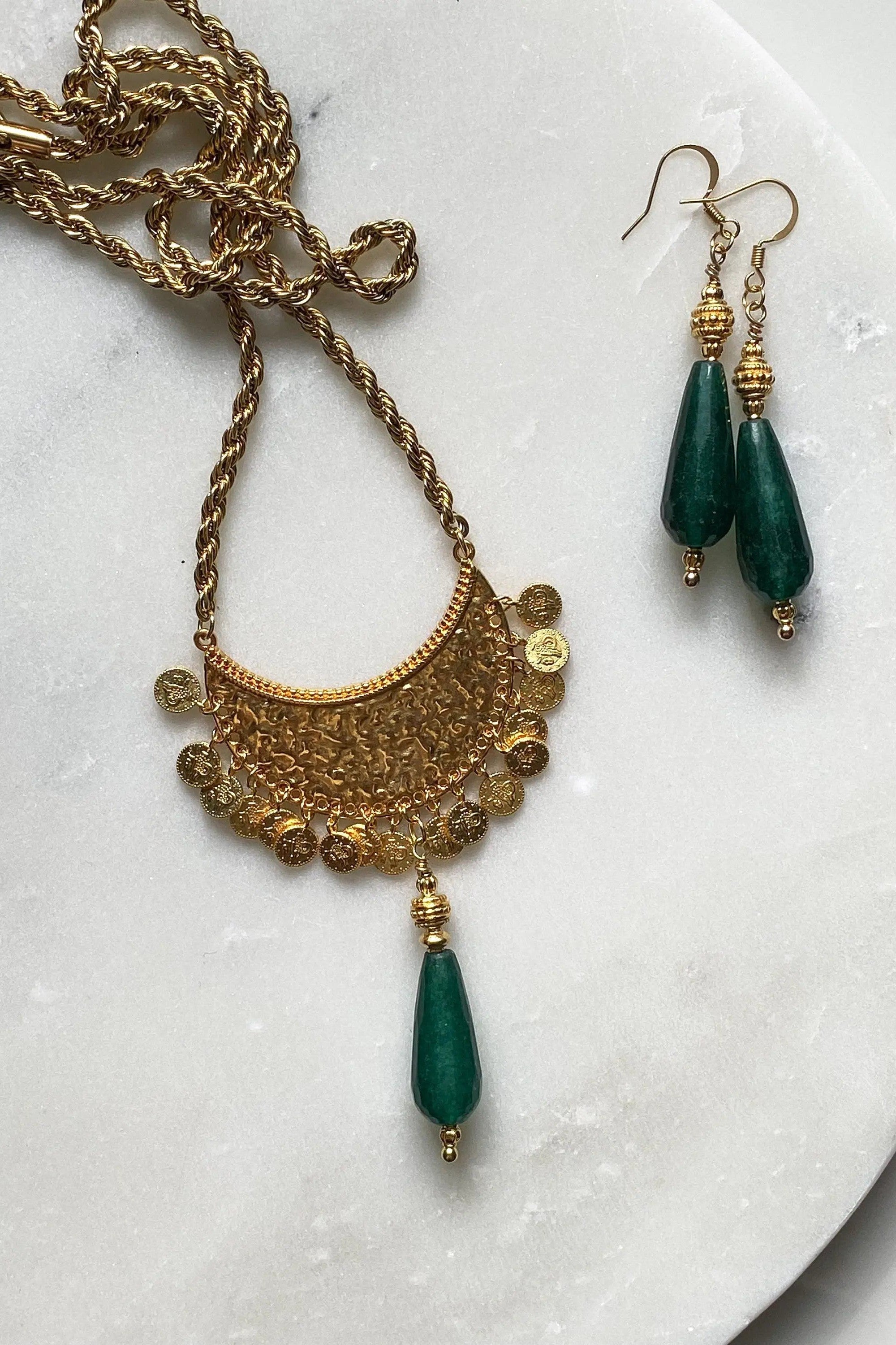 Boho Tribal Necklace, Ethnic coin Necklace with Jade Pendant, Collier femme artisanal, Jade gemstone necklace, Mothers day gift