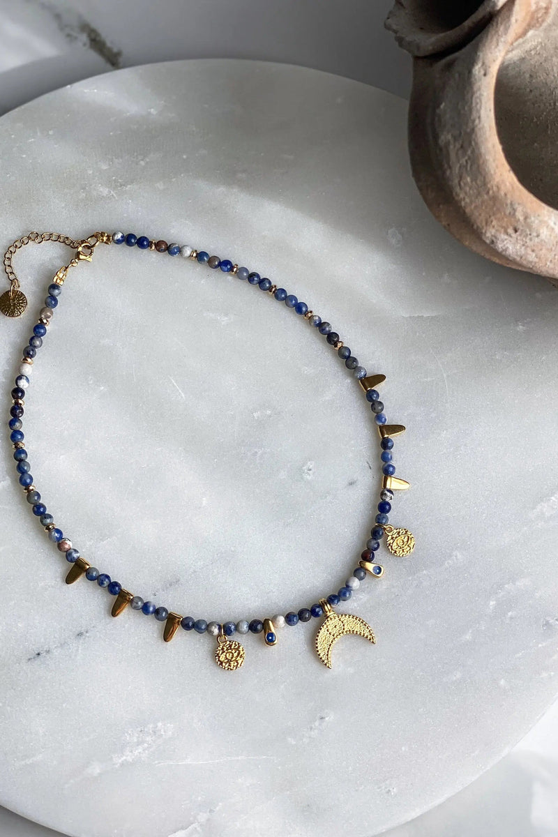Heishi Necklace Sodalite Moon Necklace Gold Coins Evil Eye Necklace Surfer Blue Beads Choker Gift for Mum
