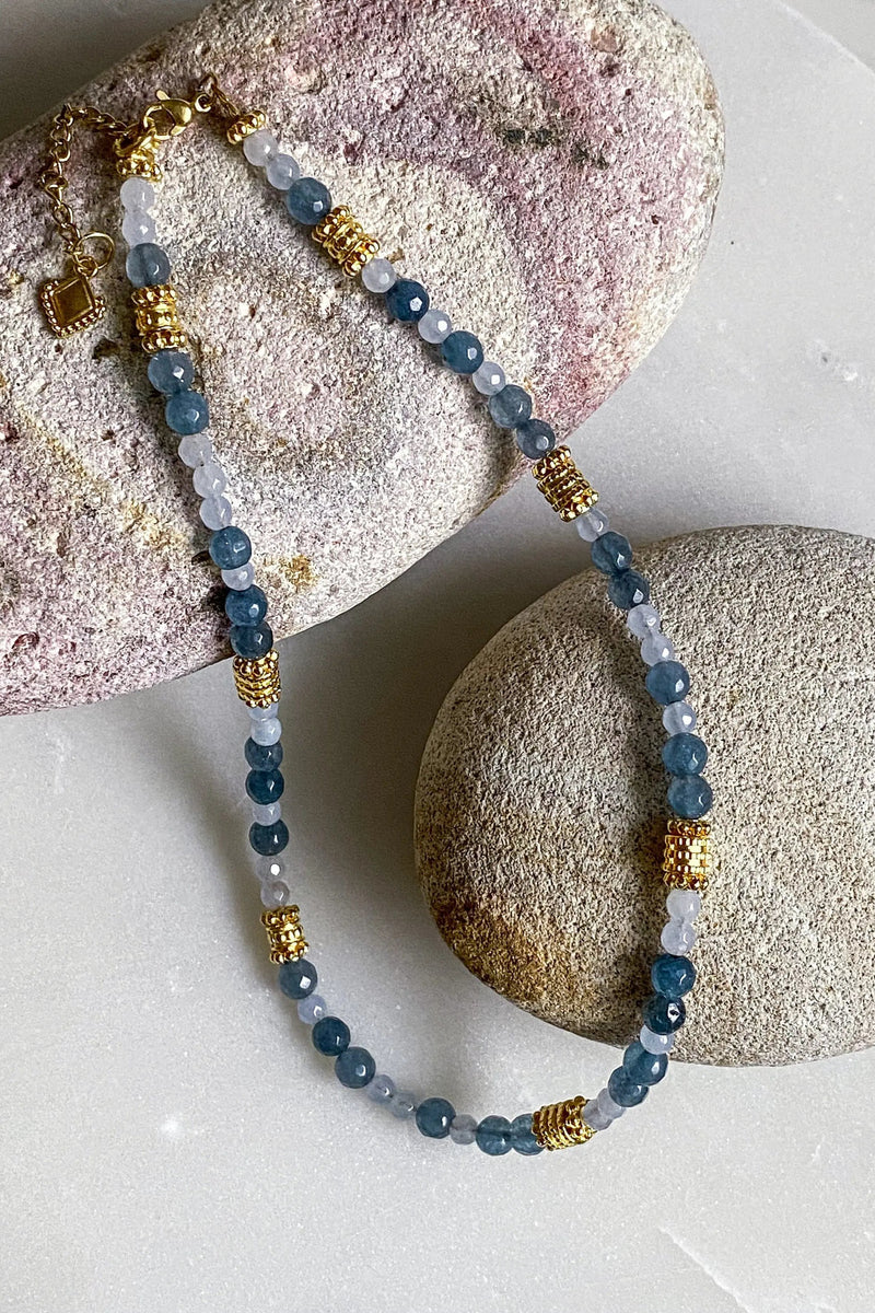 KALI Heishi necklace, Blue Agate Beaded Necklace, Boho chic Necklace, Surfer choker, Dainty Necklace, Gift for her