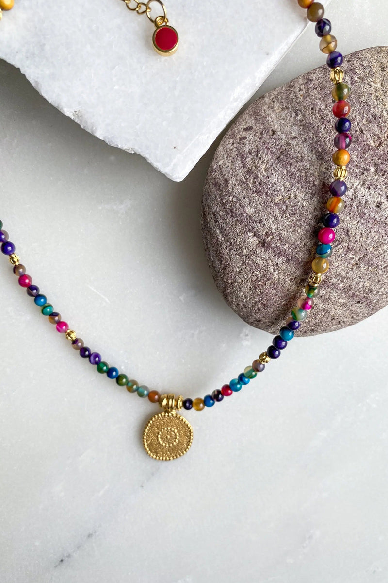 Heishi Necklace with Evil eye charm, Colored Agate Beaded Necklace, Surfer necklace, Mothers day gift, Collier Pierres, Bijoux Ethniques