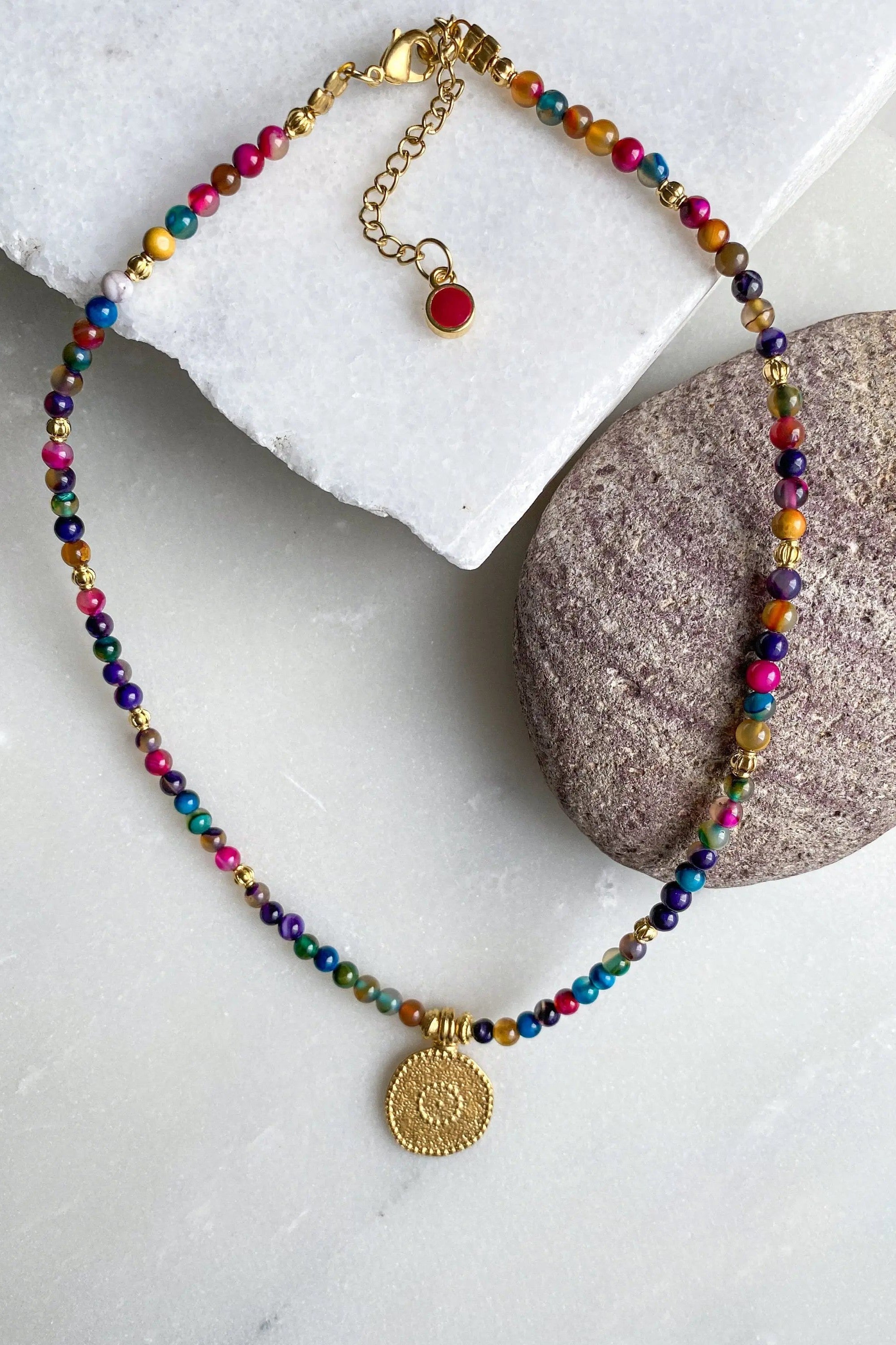 Heishi Necklace with Evil eye charm, Colored Agate Beaded Necklace, Surfer necklace, Mothers day gift, Collier Pierres, Bijoux Ethniques