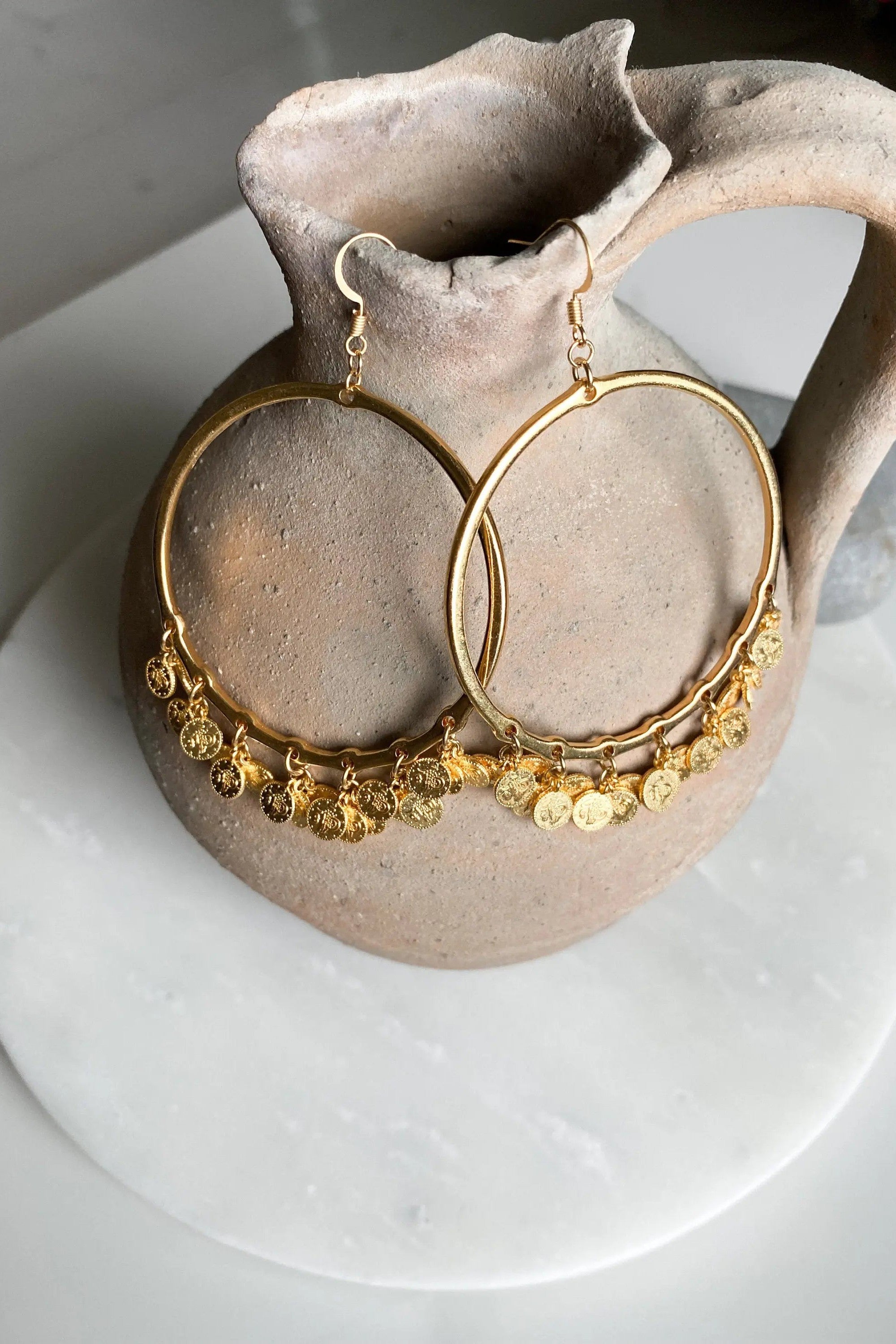 Boho Gypsy earrings, Unique Gold hoop earrings, Statement Dangle Earrings, Oversize hoops earrings, Gold Coin Earrings