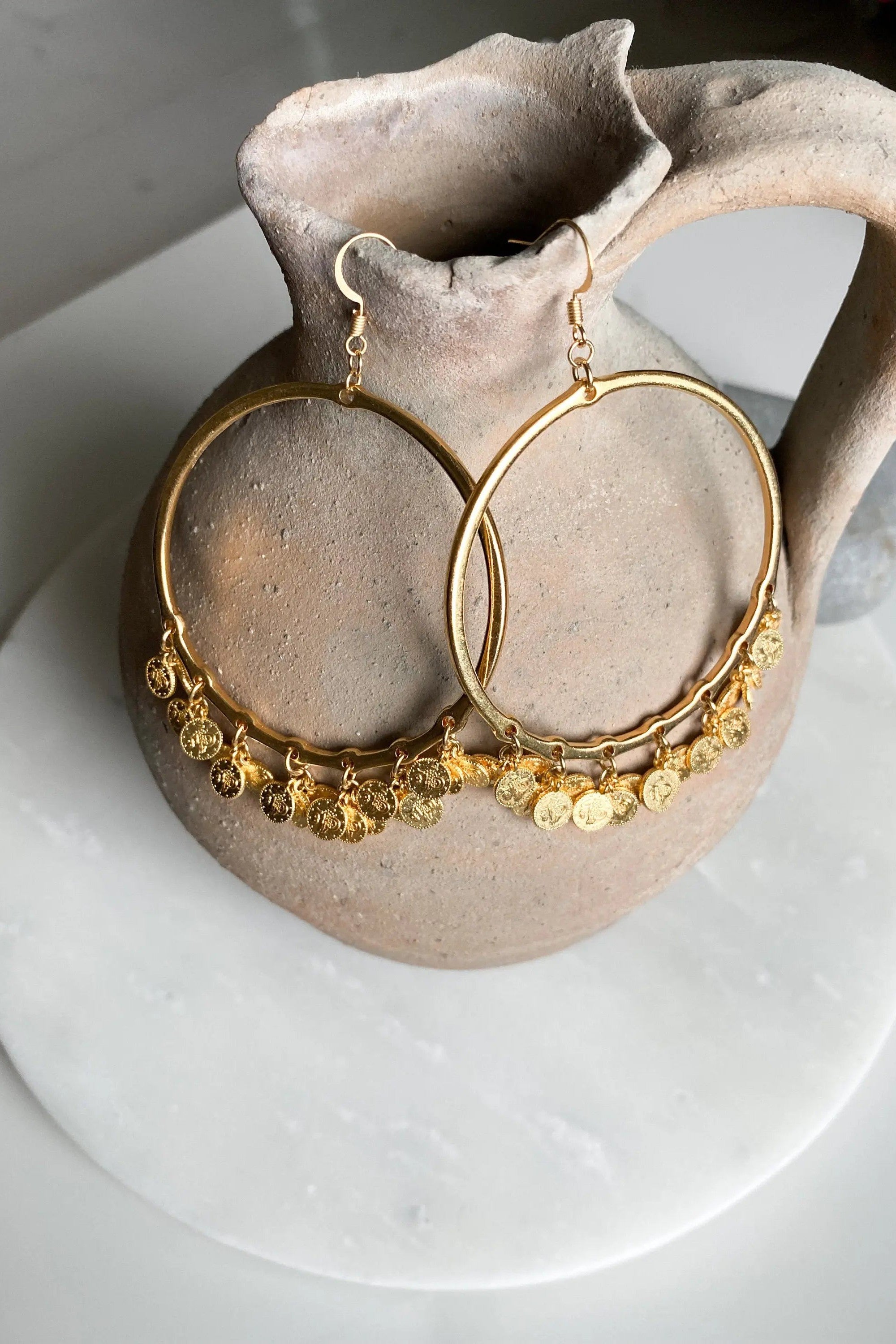 Oversize hoops earrings with Gold Coins, Statement Gold hoop earrings, Bohemian Gypsy earrings, Boho Dangle Earrings