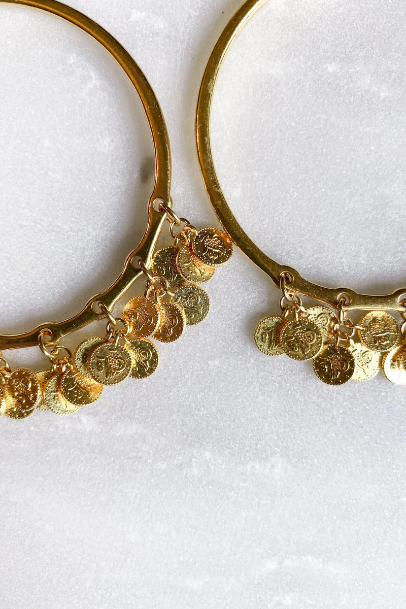 Oversize hoops earrings with Gold Coins, Statement Gold hoop earrings, Bohemian Gypsy earrings, Boho Dangle Earrings