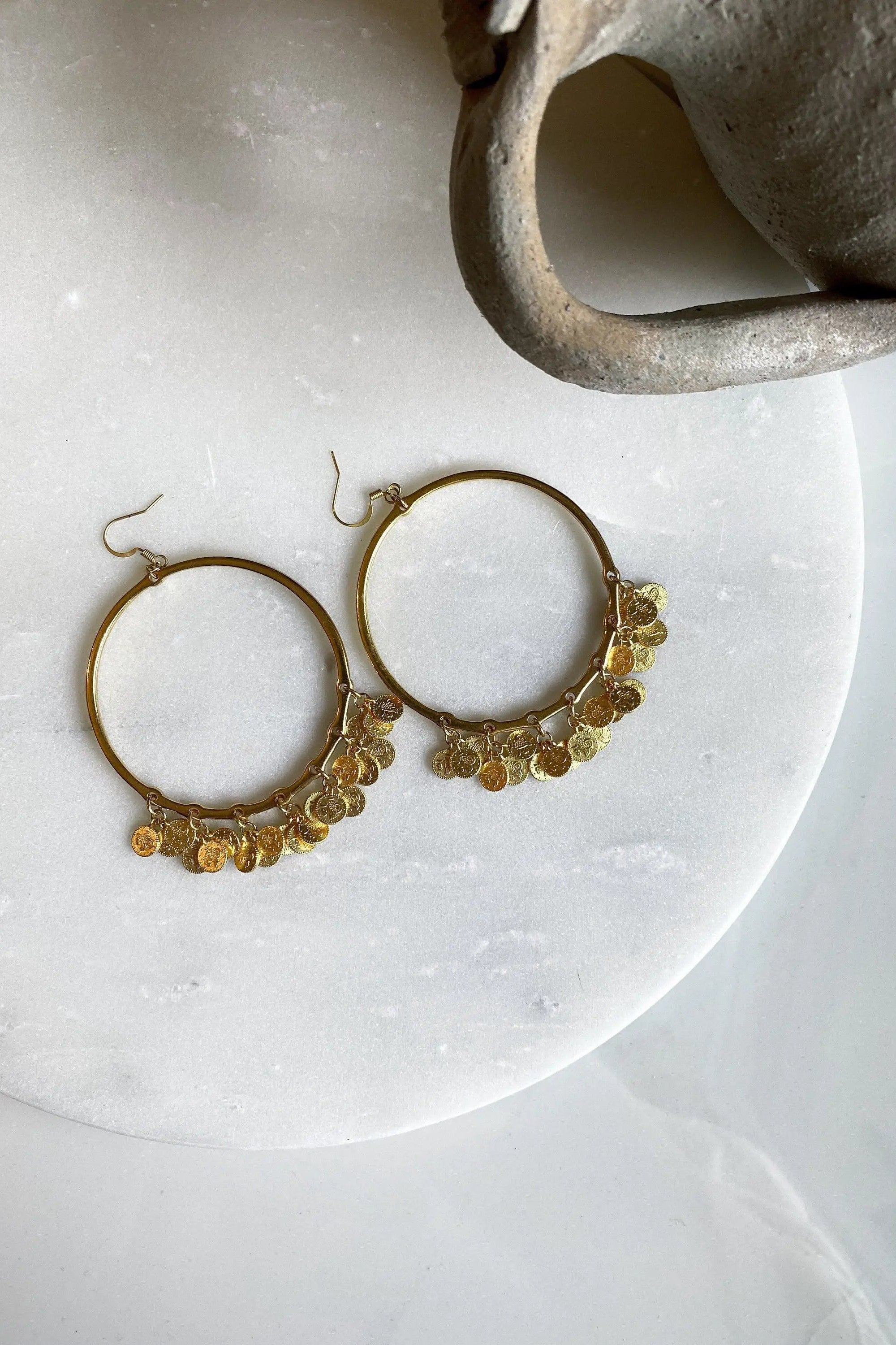 Oversize hoops earrings with Gold Coins, Statement Gold hoop earrings, Bohemian Gypsy earrings, Boho Dangle Earrings