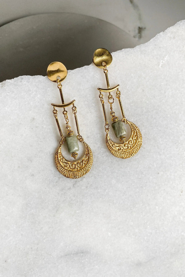 Statement Boho Earrings with Green African Stone,  green Gemstone Jewelry, Gold Ancient Style Earrings, Long Gypsy earrings