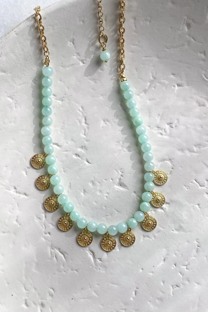 ERSA Gold coin Necklace, Blue Jade necklace, Boho chic Necklace, Collier pierres, Statement Heishi Necklace, Surfer necklace, Birthday Gift