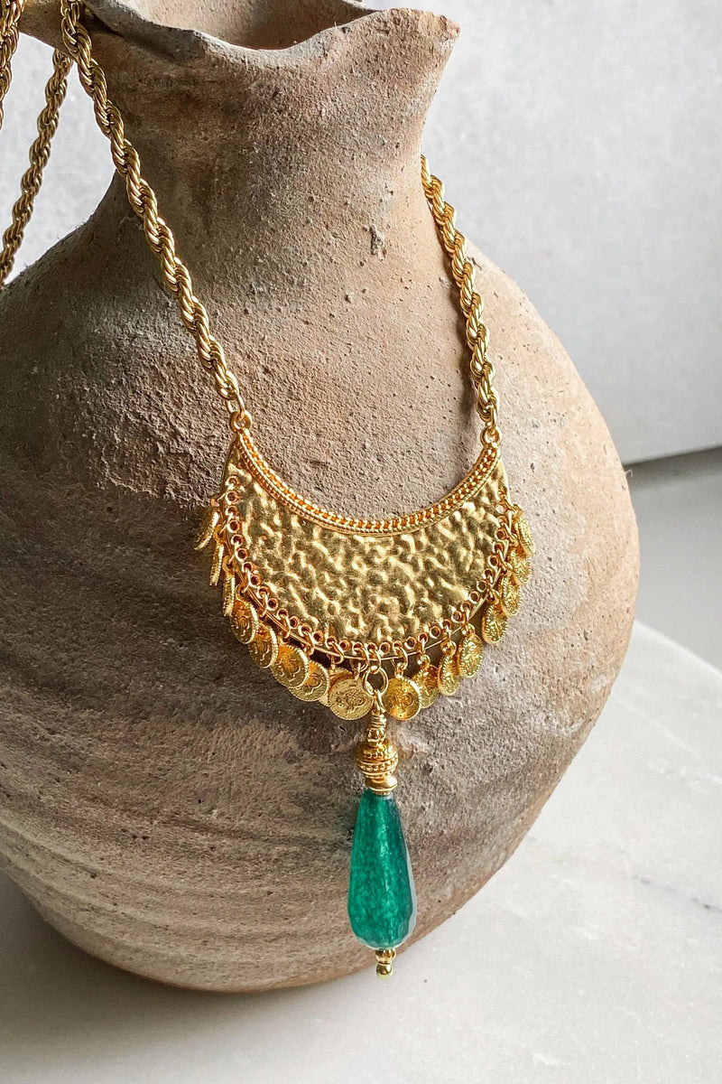 Boho Tribal Necklace, Ethnic coin Necklace with Jade Pendant, Collier femme artisanal, Jade gemstone necklace, Mothers day gift