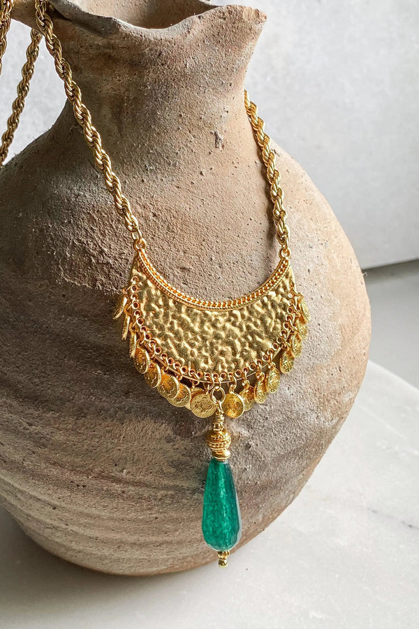Ethnic coin Necklace with Jade Pendant, Collier femme artisanal, Boho Tribal Necklace, Jade gemstone necklace, Mothers day gift