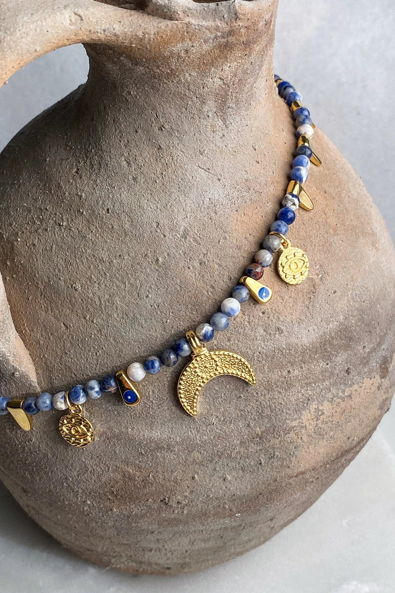 Heishi Necklace Sodalite Moon Necklace Gold Coins Evil Eye Necklace Surfer Blue Beads Choker Gift for Mum