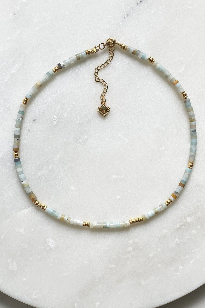 Dainty Aquamarine necklace,  Beaded Birthstone Necklace, Bijoux Ethniques, Natural stone Necklace, Collier pierre femme