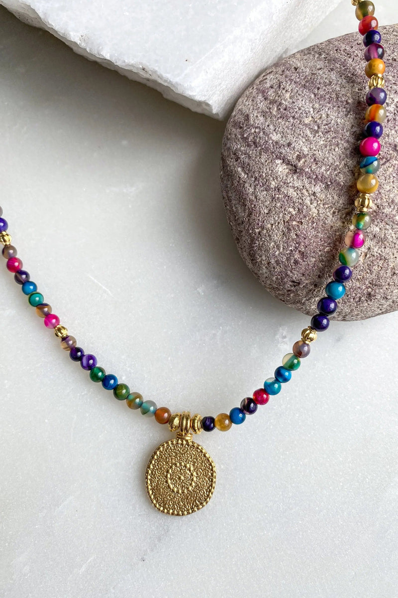 Heishi Necklace with Evil eye charm, Colored Agate Beaded Necklace, Surfer necklace, Mothers day gift, Collier Pierres, Bijoux Ethniques