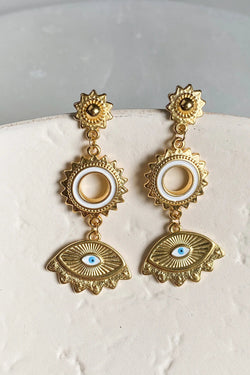 Statement evil eye earrings, Resin Sunflower Earrings, Gold gypsy earrings, Dangle cute boho earrings