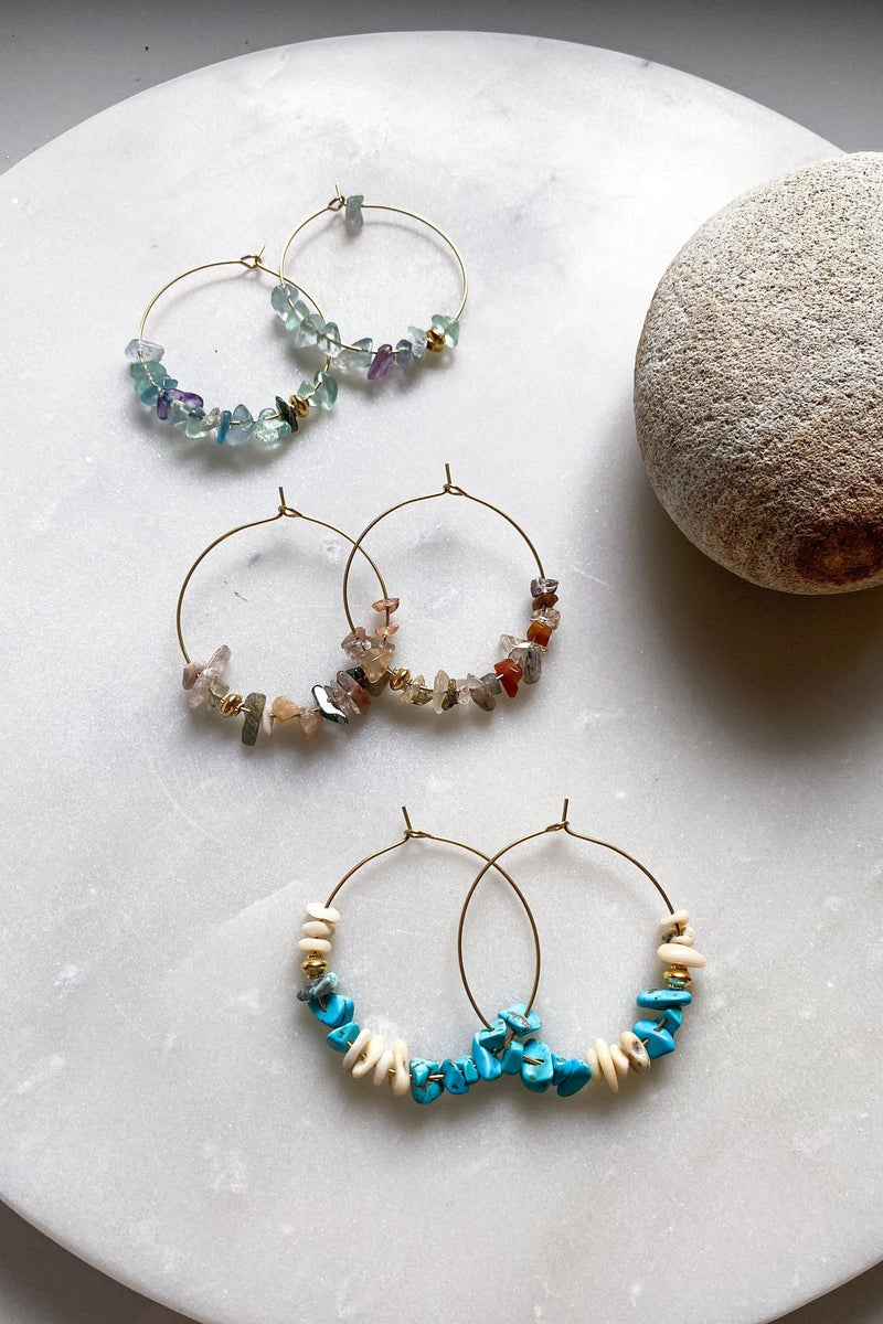 AFRODITA, Large hoop earrings, Créoles ethniques, Statement boho chic earrings, Fluorite Turquoise earrings, Agate amethyst earrings