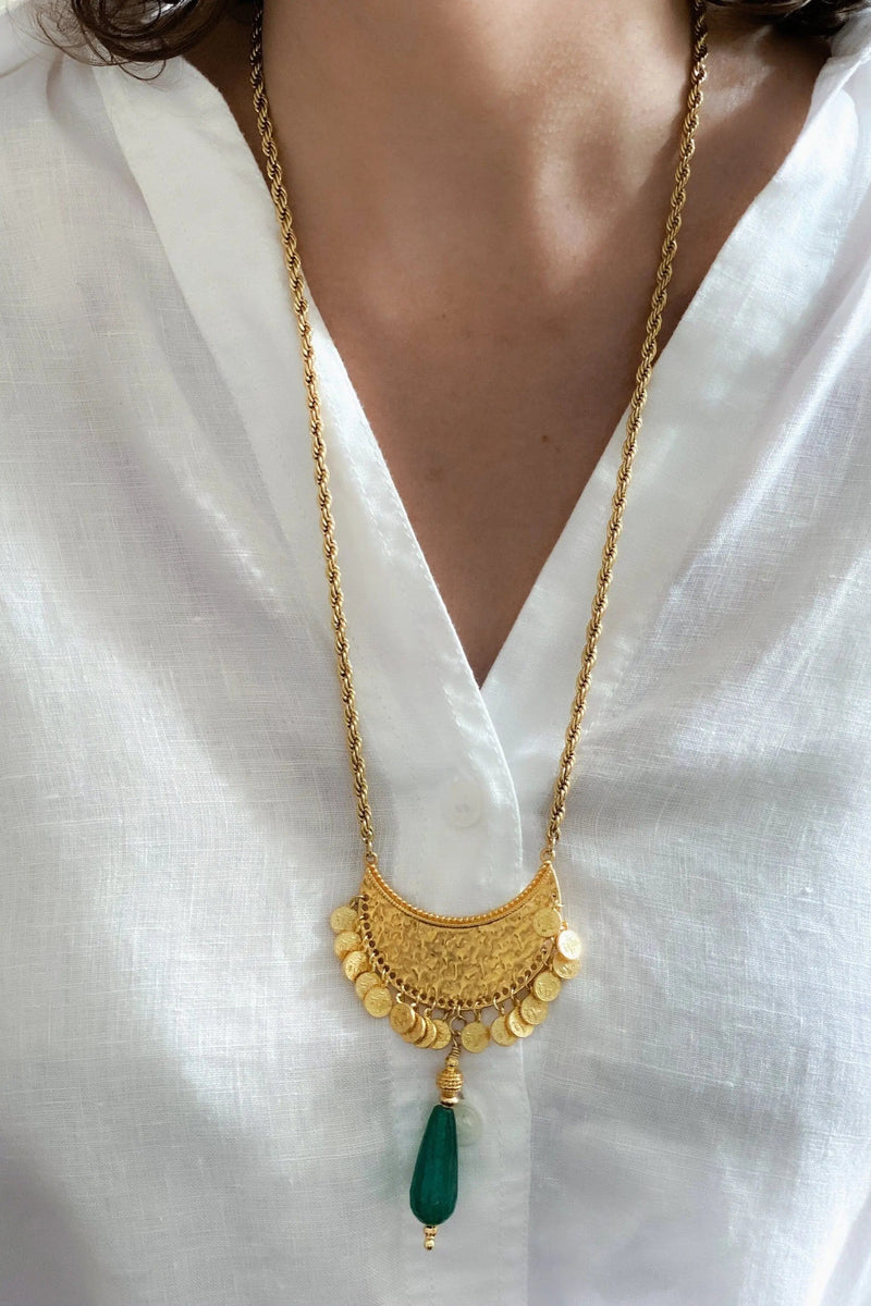 White jade necklace,  Boho ethnic Necklace, Tribal coin Necklace with Jade Pendant, Long gold chain, Jade gemstone necklace
