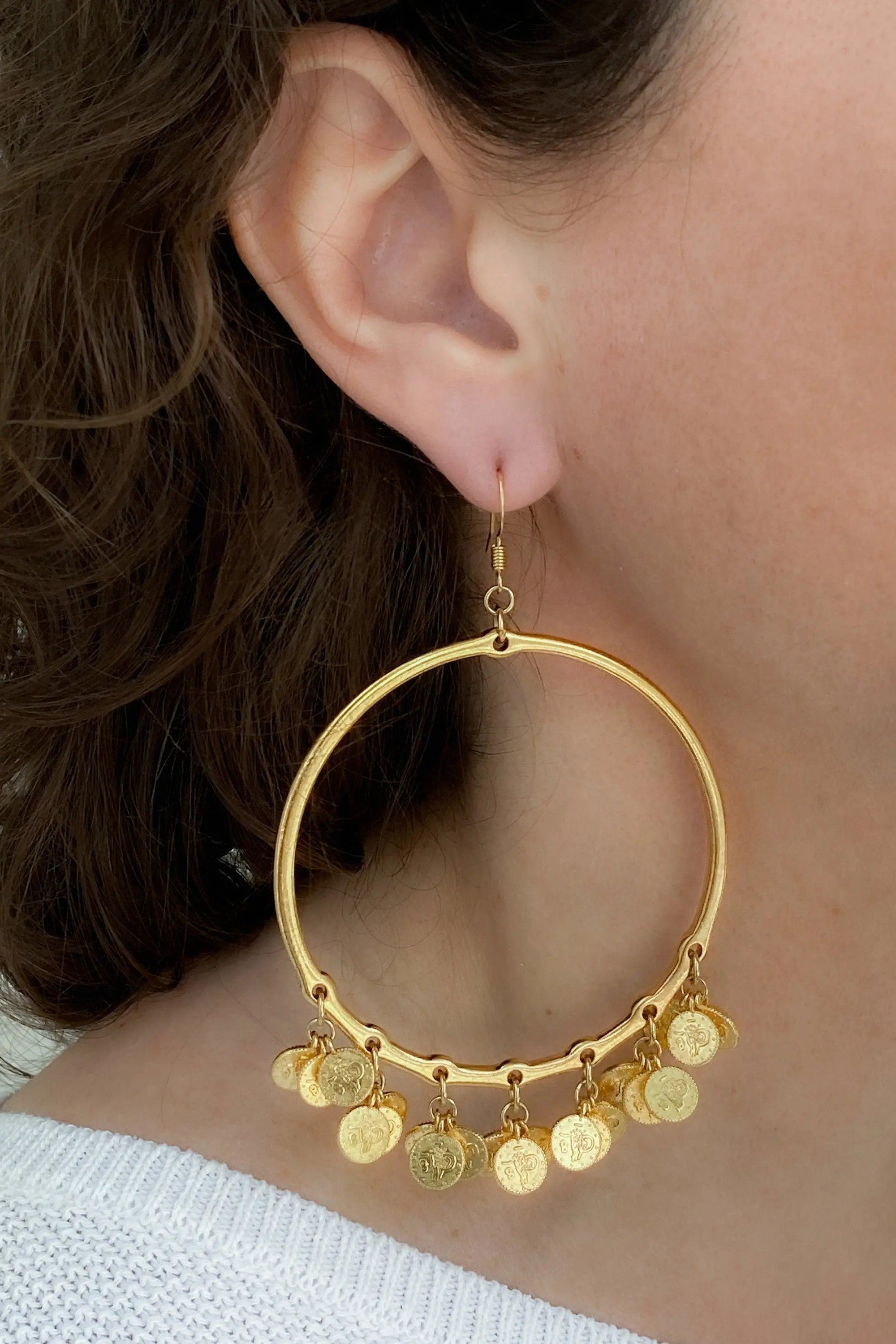 Oversize hoops earrings with Gold Coins, Statement Gold hoop earrings, Bohemian Gypsy earrings, Boho Dangle Earrings