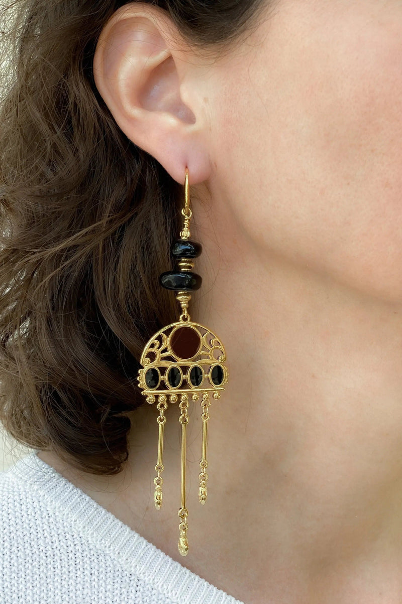 Long gold earrings, Oversize chandelier earrings, Black Jade Earrings, Boho Statement Earrings, Ethnic bohemian earrings, Large Earrings