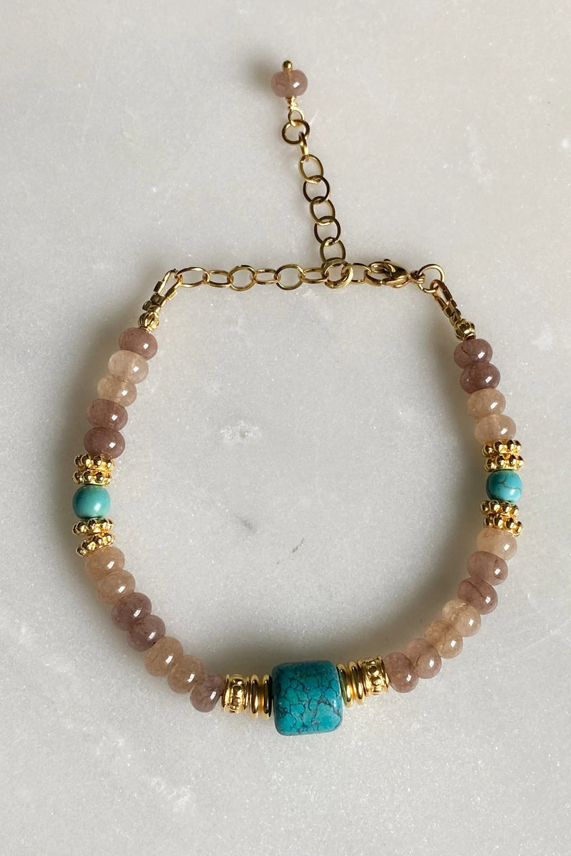 Brown Agate beaded bracelet with turquoise stone, Statement Heishi Surfers Bracelet, Boho chic bracelet femme, stackable bracelets