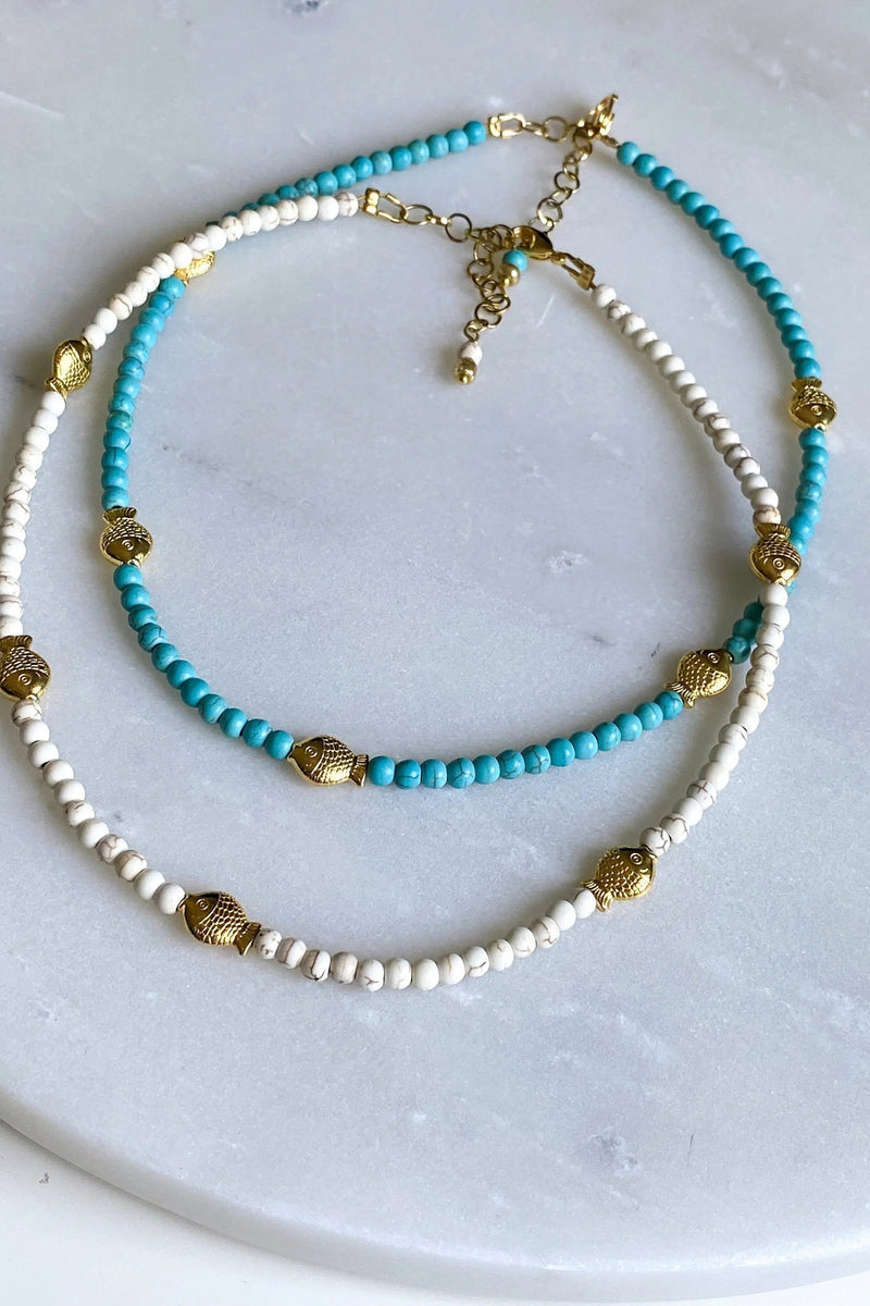 NIREAS Heishi necklace, Surfer Turquoise Necklace, Boho chic White Necklace, Gold fish Necklace, Collier pierres, Gift for her