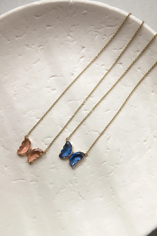 Minimalist dainty chain Necklace with butterfly crystal pendant, Blue crystal Butterfly necklace, Halskette Damen