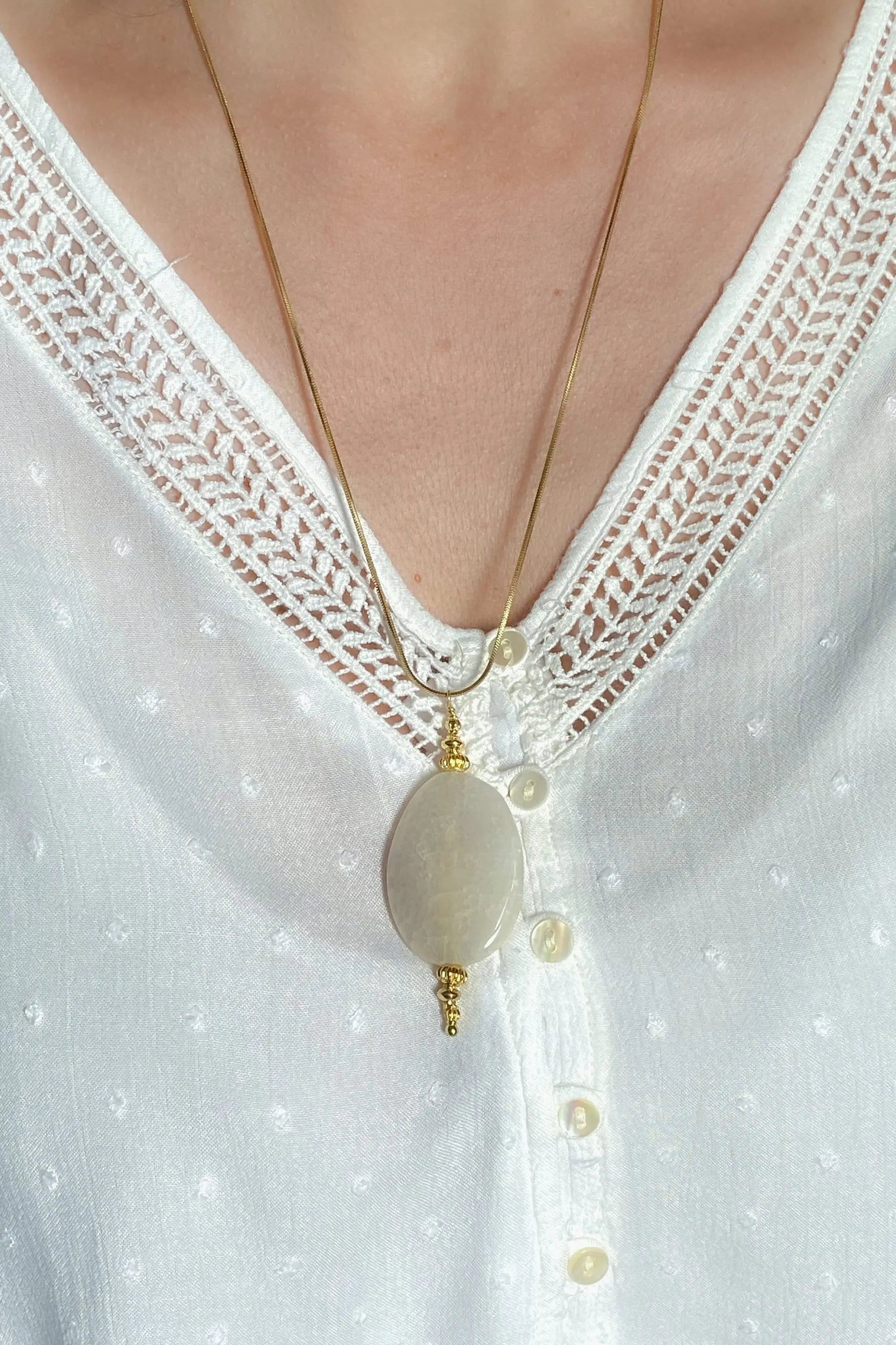 Minimalist Agate Stone Necklace , Boho Gold necklace with white gem pendant, Statement agate necklace, graduation gift, LEFKI