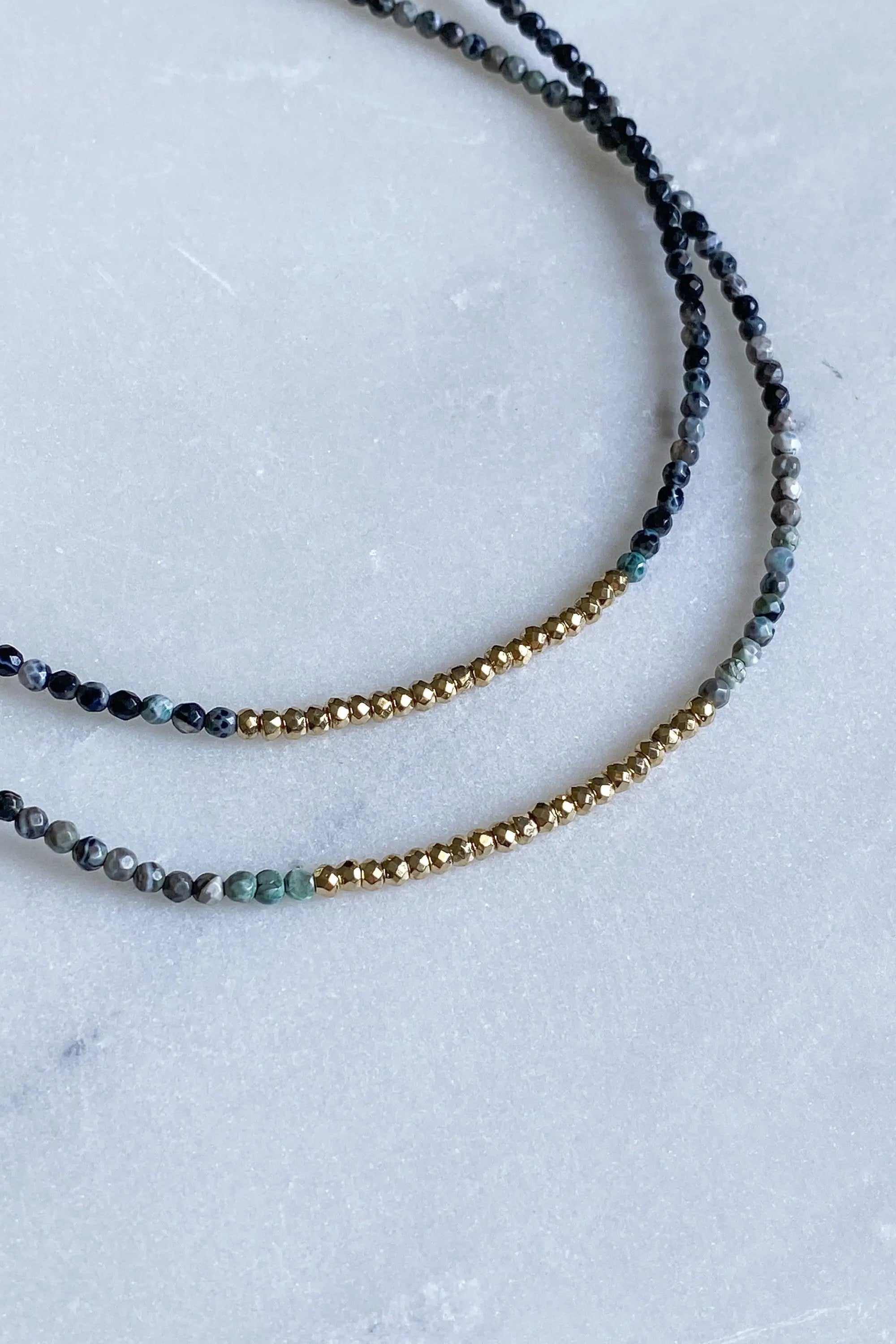 NAFSIKA Agate Beaded Necklace, Heishi surfer necklace,  Dainty choker necklace, Gold hematite layering necklace, Collier pierre boho