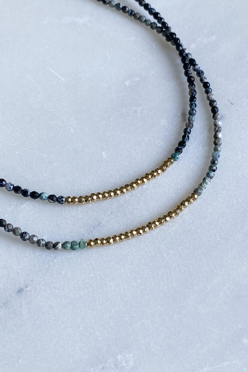 NAFSIKA Agate Beaded Necklace, Heishi surfer necklace,  Dainty choker necklace, Gold hematite layering necklace, Collier pierre boho