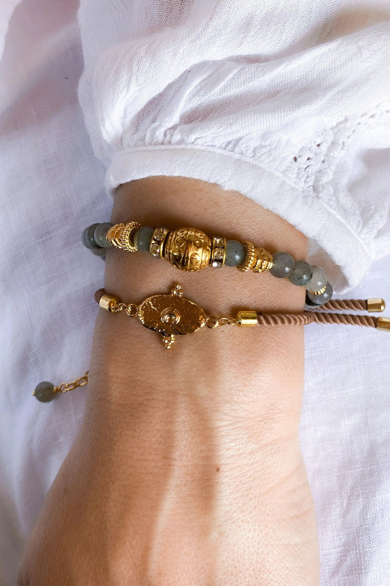 Labradorite beaded bracelet with ethnic gold beads, Statement Heishi Surfers Bracelet, Delicate Boho chic bracelet