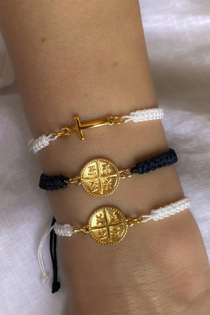 Macrame braided Bracelet with gold religious motif, Gold Cross rope Bracelet, Boho chic women bracelet, 1st Communion gift
