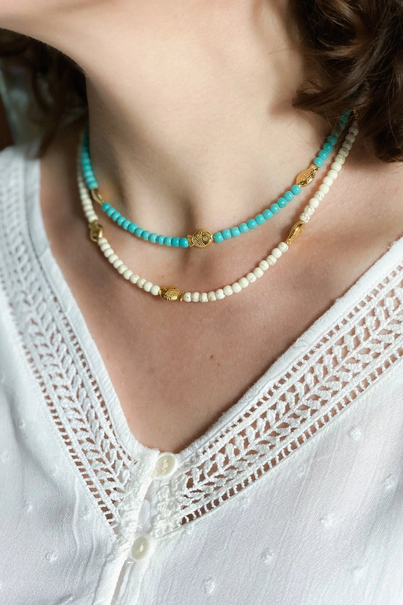 NIREAS Heishi necklace, Surfer Turquoise Necklace, Boho chic White Necklace, Gold fish Necklace, Collier pierres, Gift for her