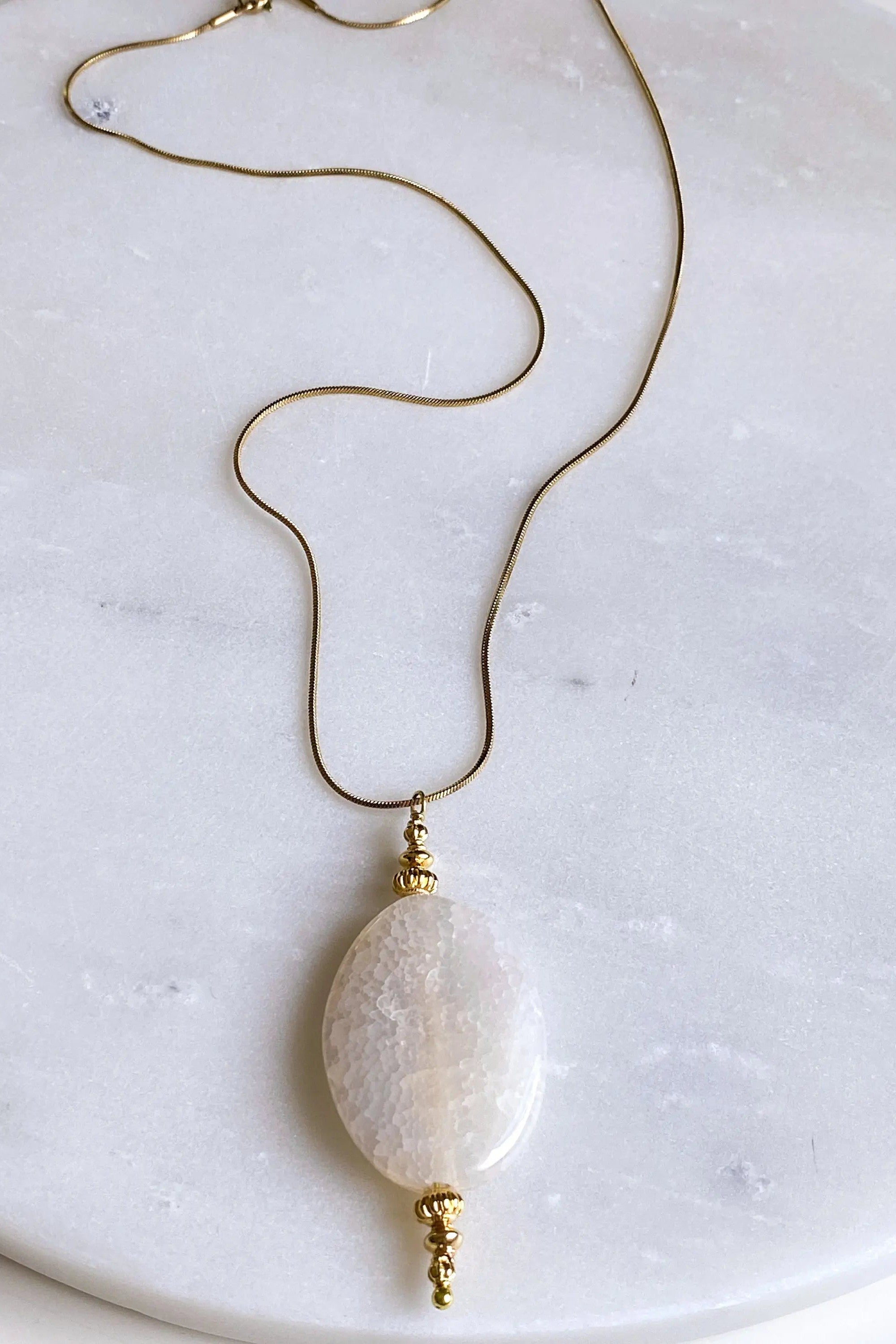 Minimalist Agate Stone Necklace , Boho Gold necklace with white gem pendant, Statement agate necklace, graduation gift, LEFKI