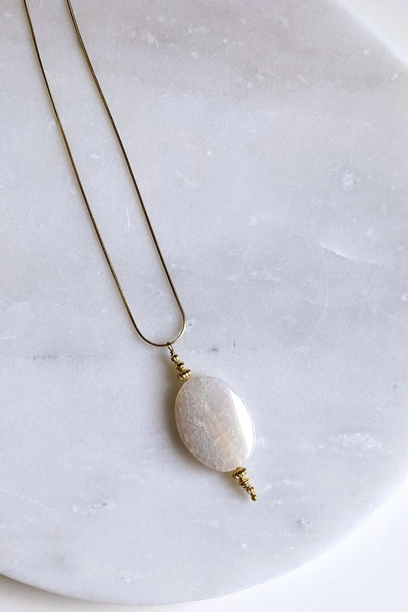 Minimalist Agate Stone Necklace , Boho Gold necklace with white gem pendant, Statement agate necklace, graduation gift, LEFKI