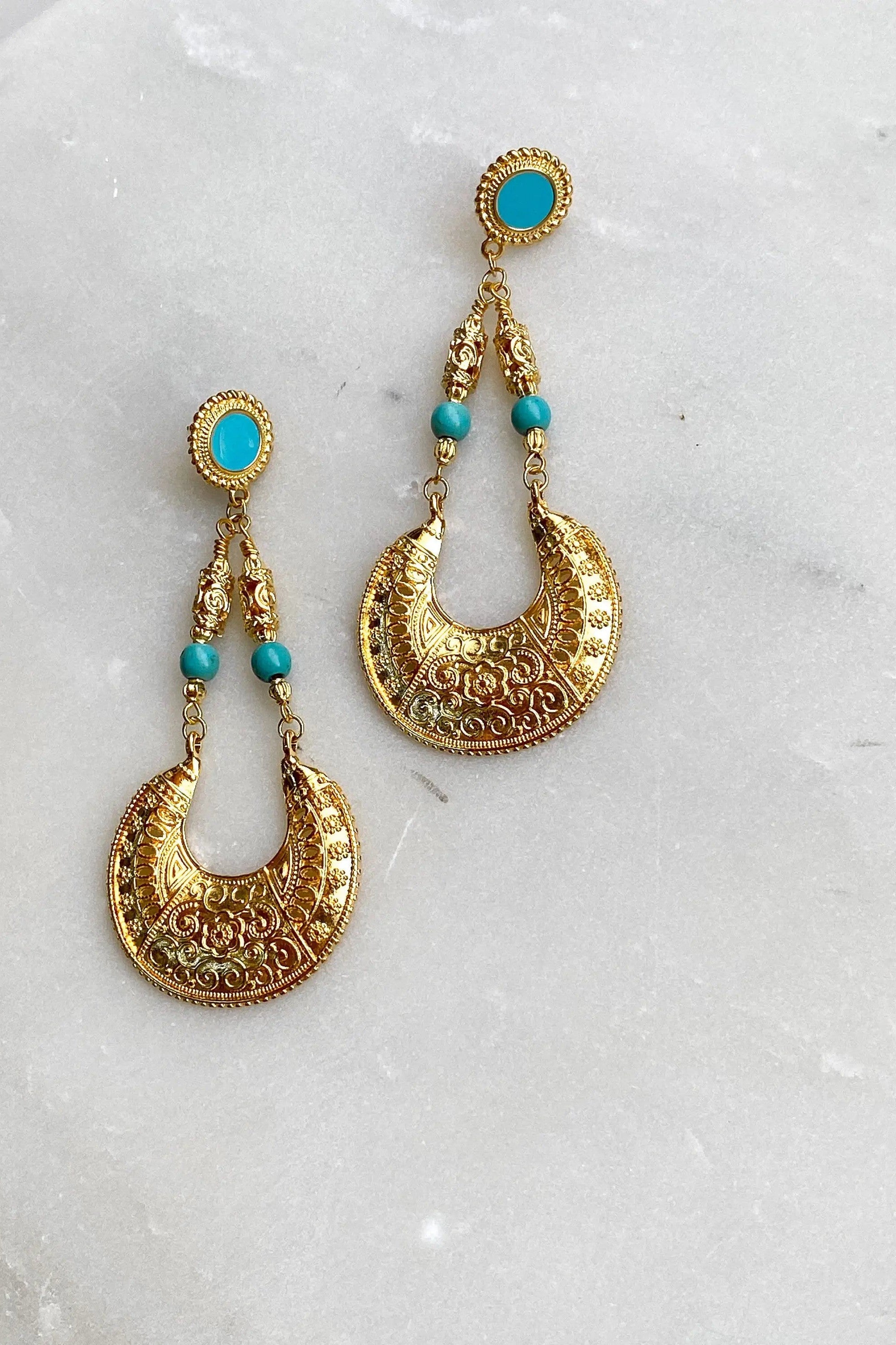 Big gold earrings, Chunky gold earrings, Oversize vintage style earrings, Dangle drop earrings, Turquoise stud Earrings, Boho Large earrings